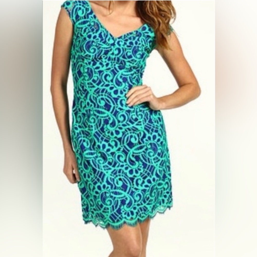 Lilly Pulitzer EUC Rosaline About Face Sheath Dress Green Blue Sz 12